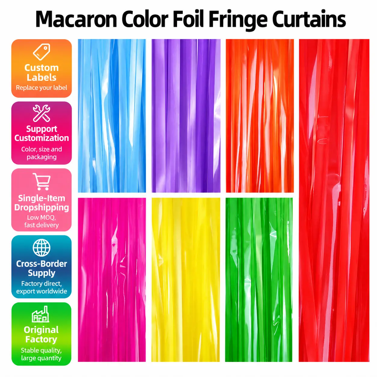 Fluoreszierende Macaron-Folienvorhänge mit Fransen