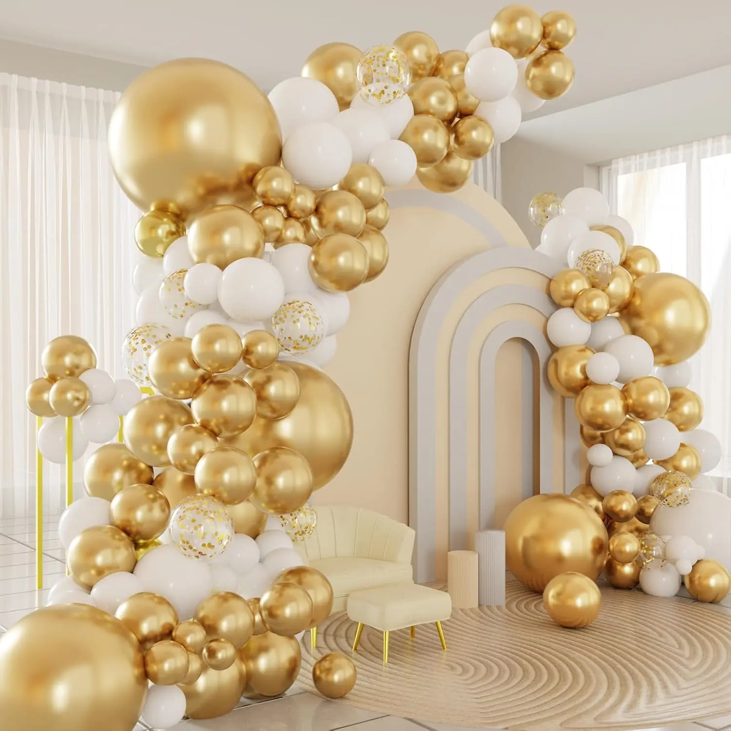 Weißgoldene Ballon-Girlandenbogen-Sets